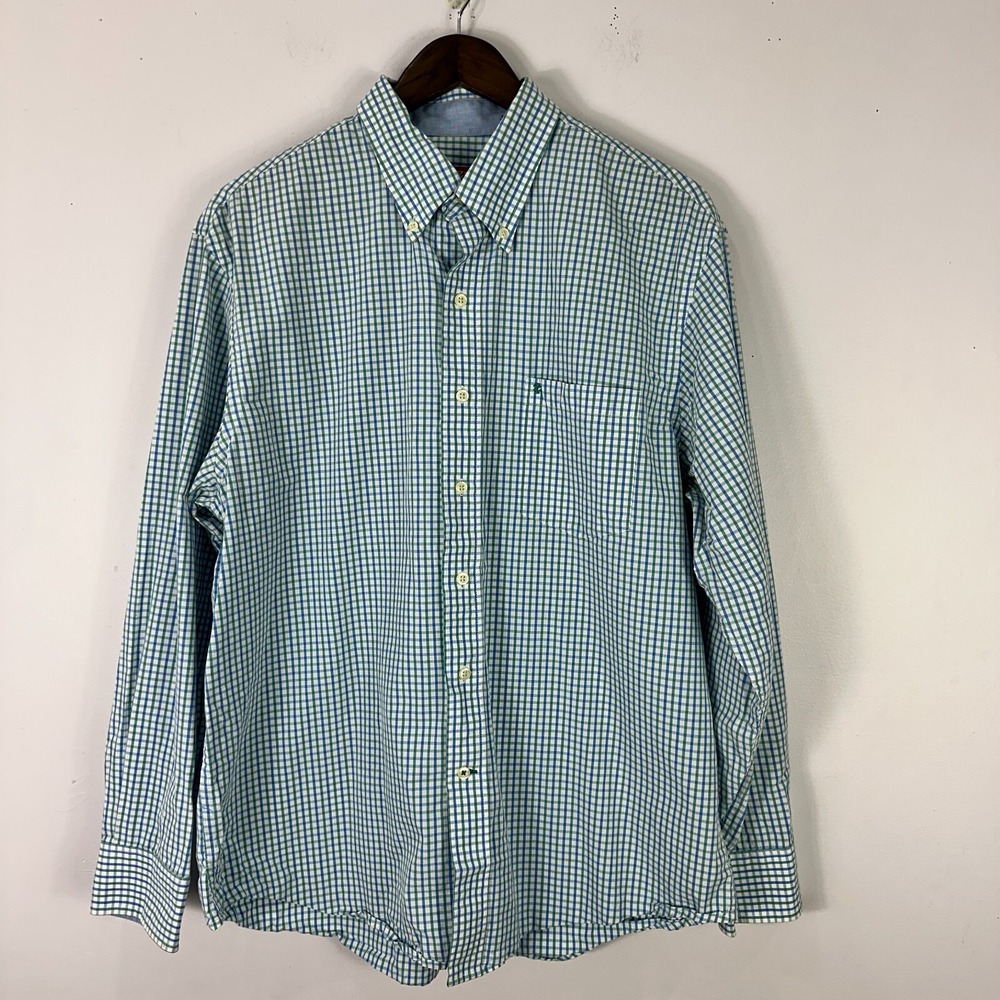Izod Button Down Shirt‎ Mens Large Blue Green Plaid Check Long Sleeve Preppy